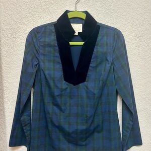 Sail to Sable Navy and Green Plaid V-Neck Blouse